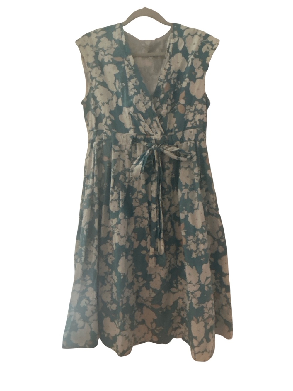Garnet Hill Delphine Teal Floral Linen Cotton Wrap Midi Dress 10 Cottagecore
